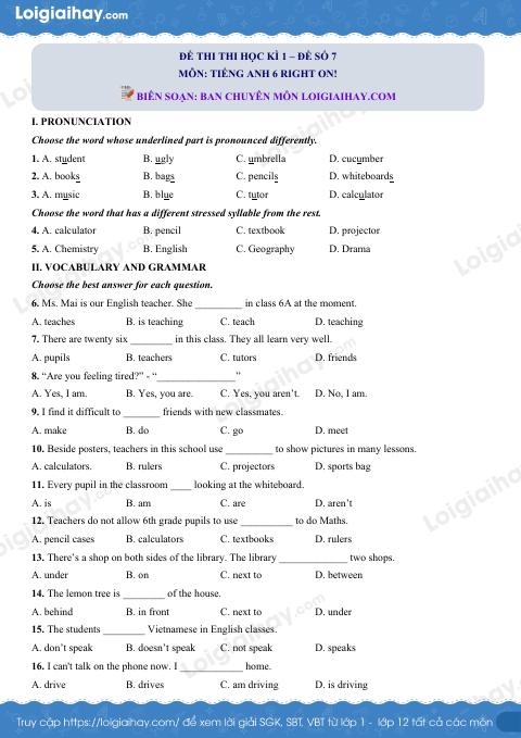 Đề thi học kì 1 Tiếng Anh 6 Right on! - Đề số 7